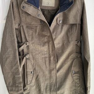 Women’s grey plaid check hooded snap front rain trench jacket